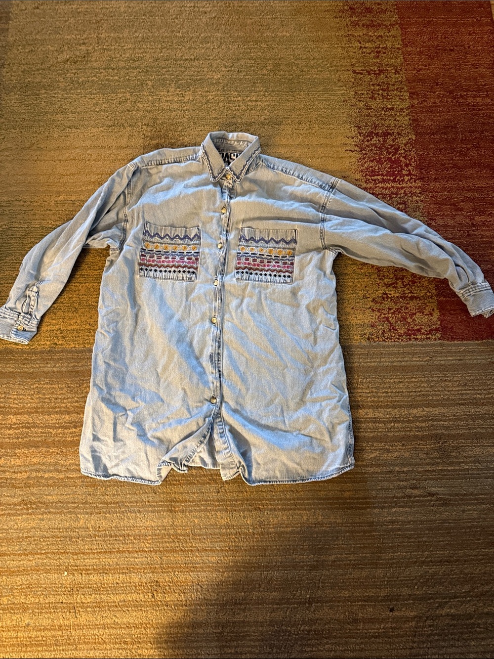 Vintage Light Blue Denim Button-Up Shirt Embroidered Pockets Basic People brand